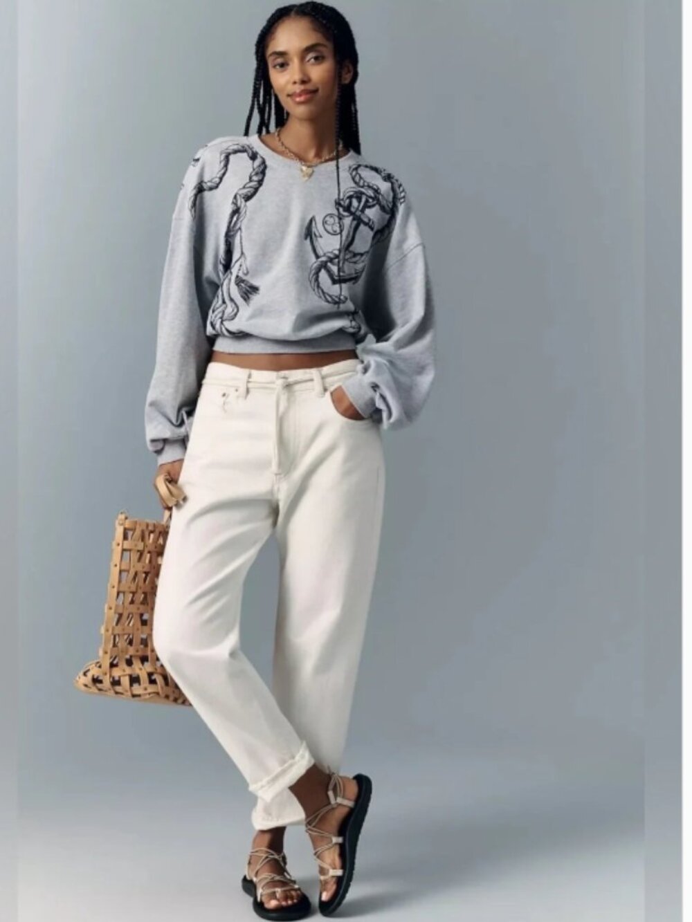 NWT Anthropologie Maeve Puff Sleeve Light Gray Sweatshirt Nautical Print